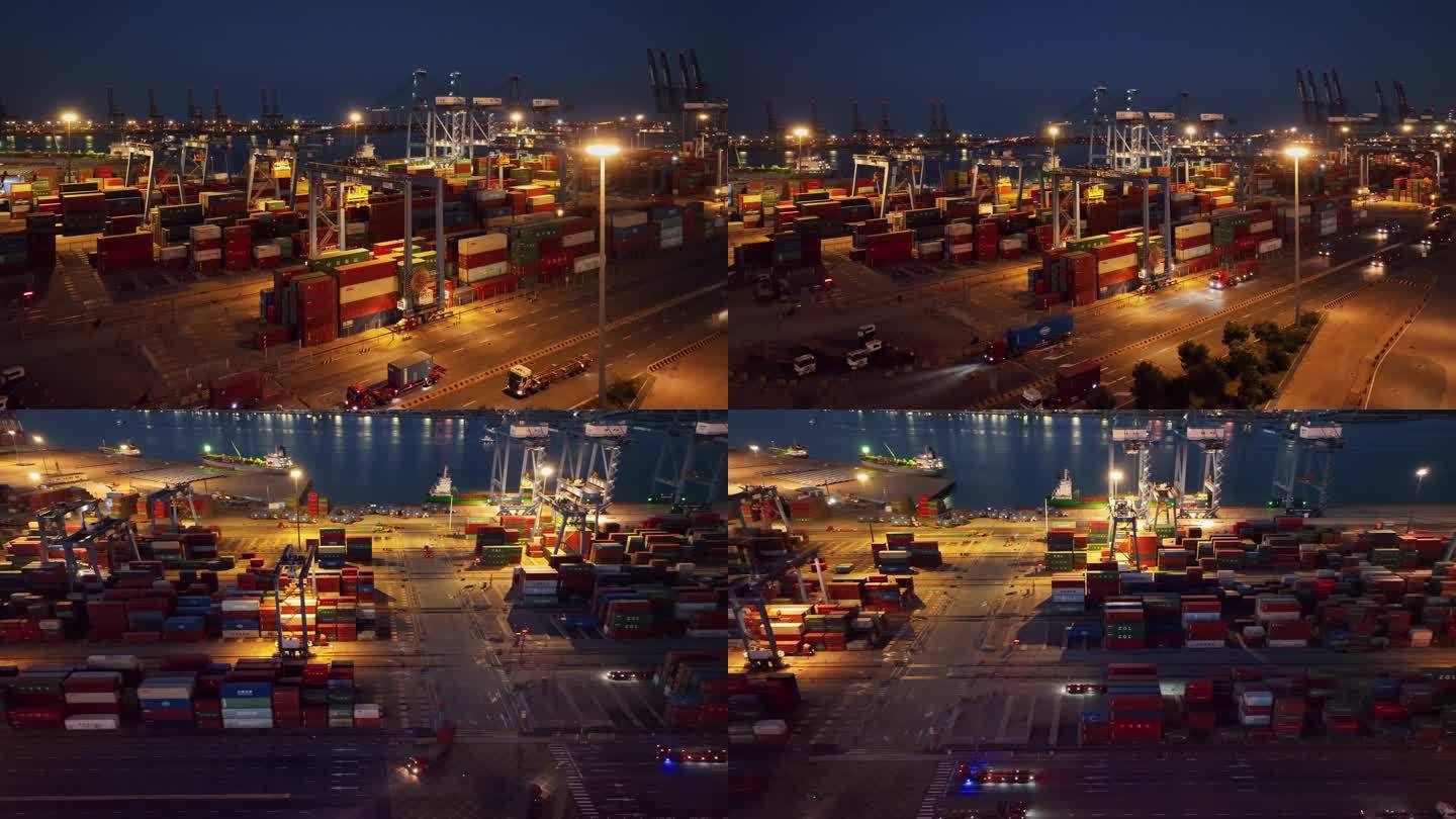 4K天津港 集装箱码头 港口夜景