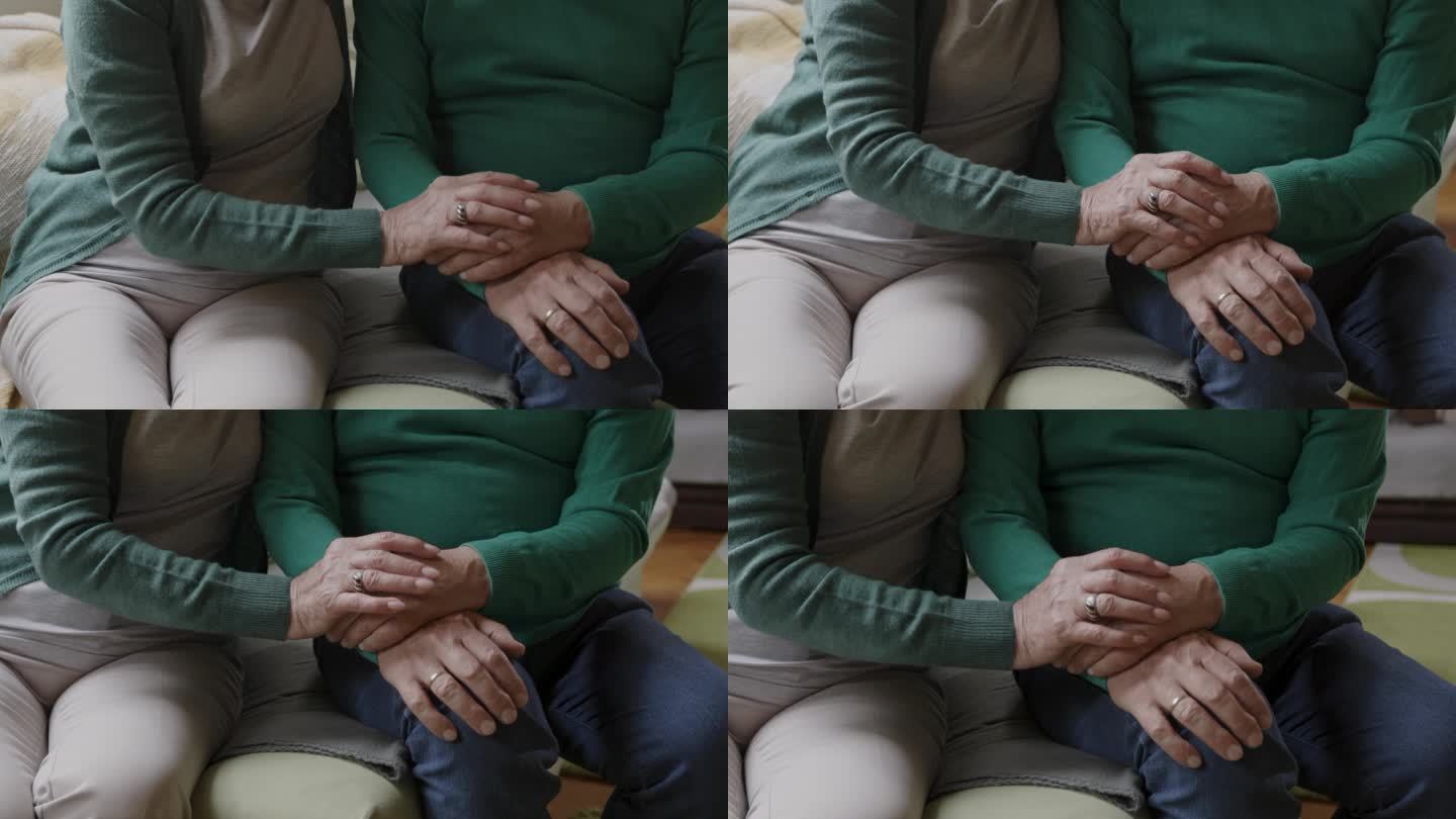 一对面目全非的老夫妇坐在沙发上，手牵着手