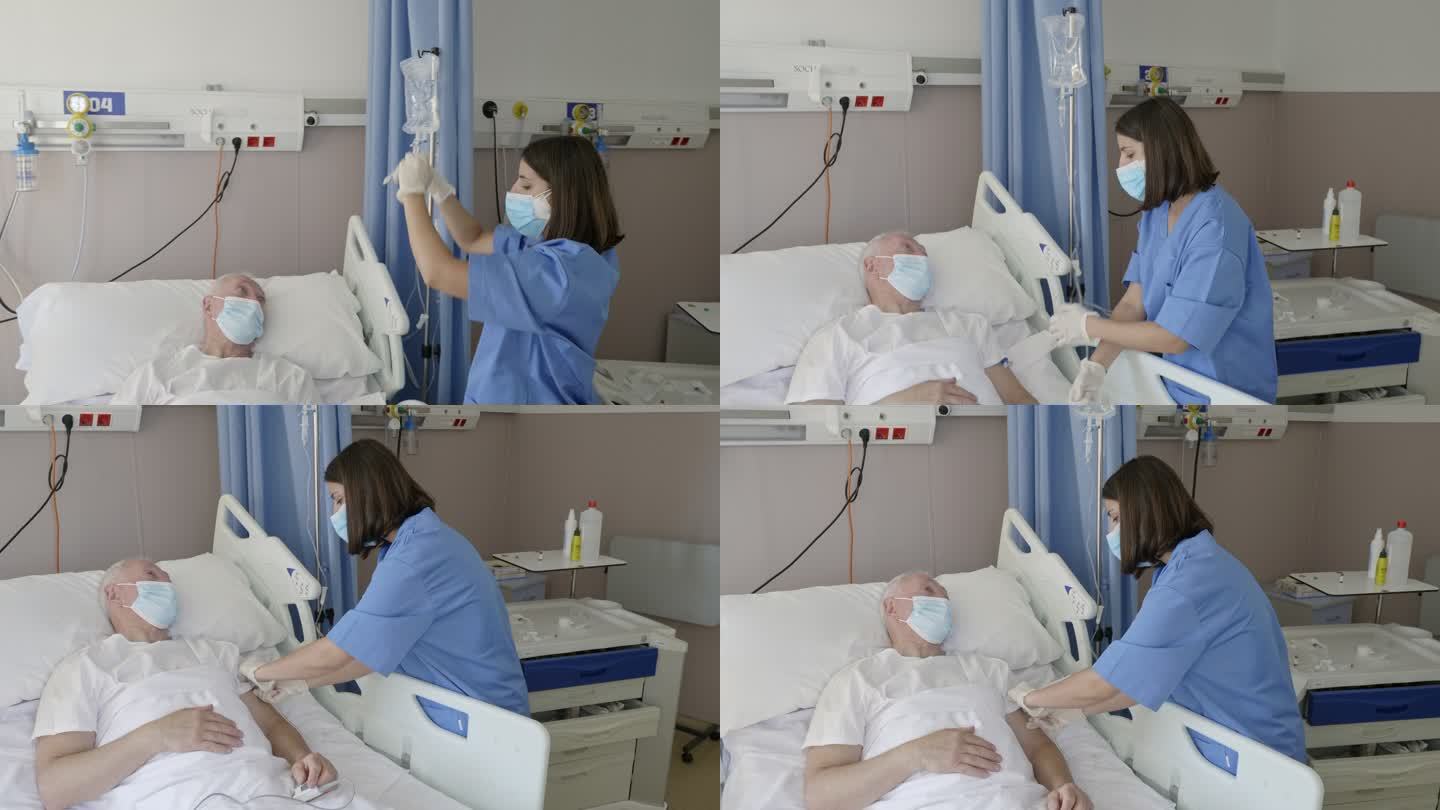 护士将静脉点滴连接到老年患者