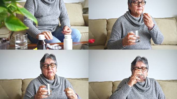 一位老妇人在客厅里用水吃药