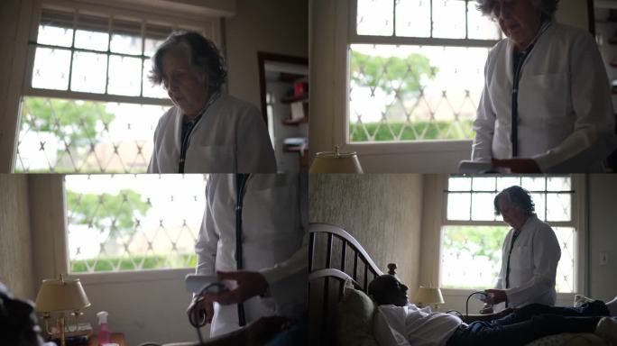医生正在家里给一位老年病人测血压
