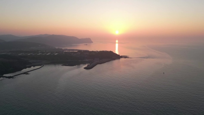 航拍 延时 海上落日 渔港