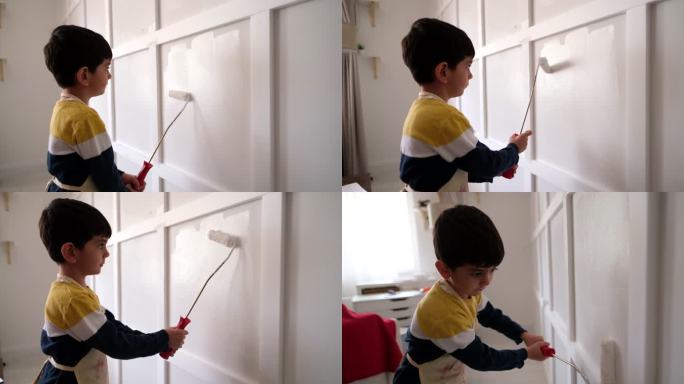 男孩正在粉刷房间动手
