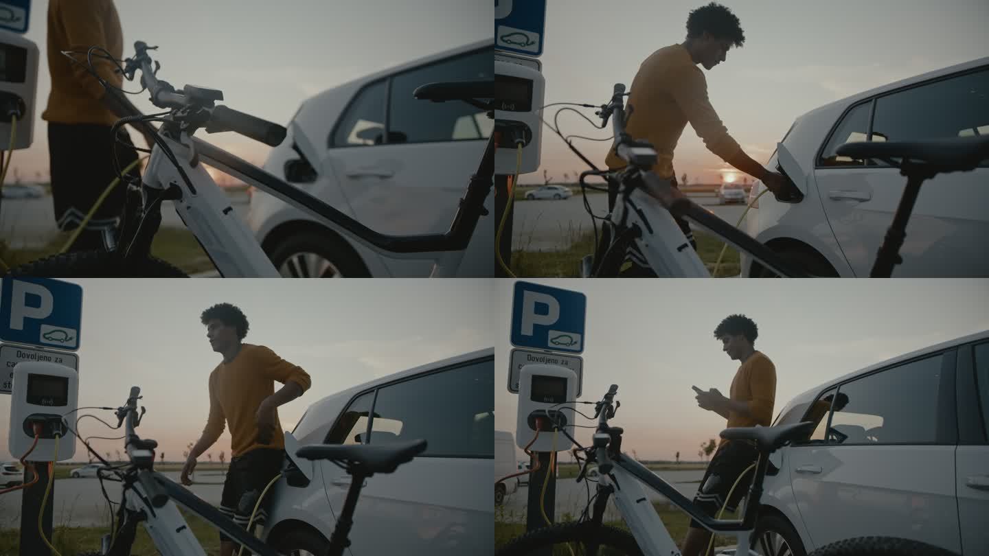 SLO MO，一个年轻人，在电动自行车和电动汽车充电站充电时使用手机
