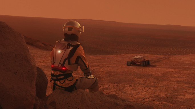 火星上的宇航员正在观看火星探测器。太空殖民