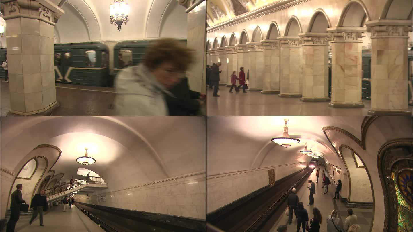 国外莫斯科地铁站乘客进站上车