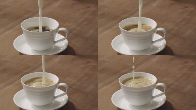 牛奶慢动作倒入咖啡