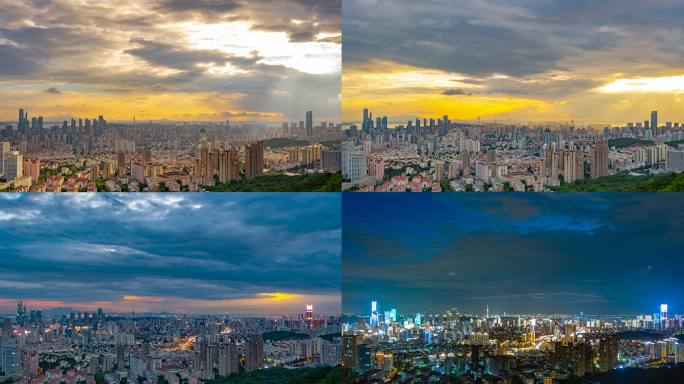 青岛延时日转夜光芒晚霞云层城市4k