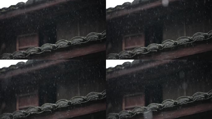 江南古建筑老房子屋檐黑瓦雨天春雨下雨雨水