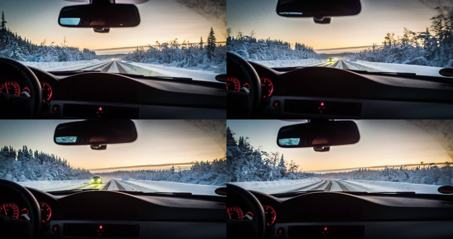 冬季景观中的POV驾驶汽车-瑞典斯堪的纳维亚
