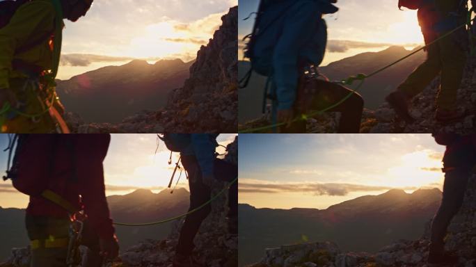 日出时，三名登山队员组成一个绳索队走上山坡