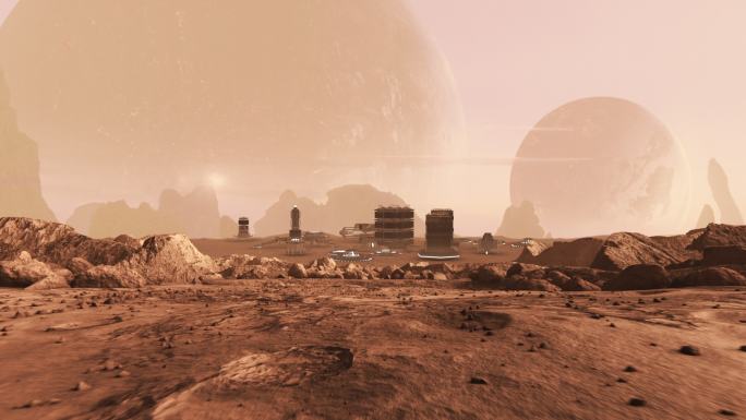 火星的太空殖民。未来空间站，天空中可以看到木星和地球