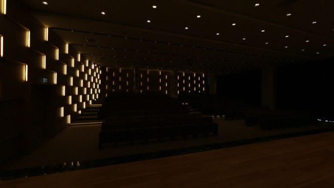 灯光打开/关闭，在空荡荡的会议厅，为观众和观众提供了一排排座位。