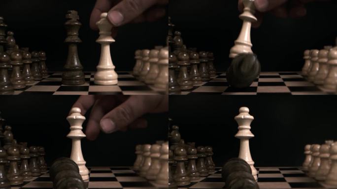 在一场国际象棋比赛中，白皇后击败了黑国王。4k股票视频