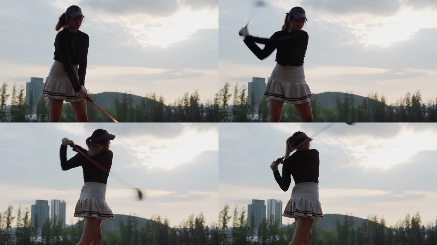 高尔夫比赛前手持球杆的运动女士训练。
