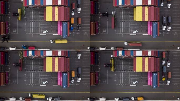 卡车排成一排在运输码头的顶部装卸车上卸货-延时