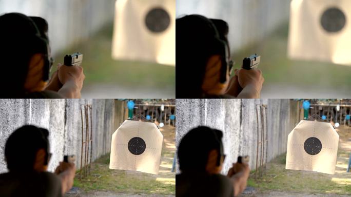 SLO MO-在靶场用手枪和手枪射击的两次射击