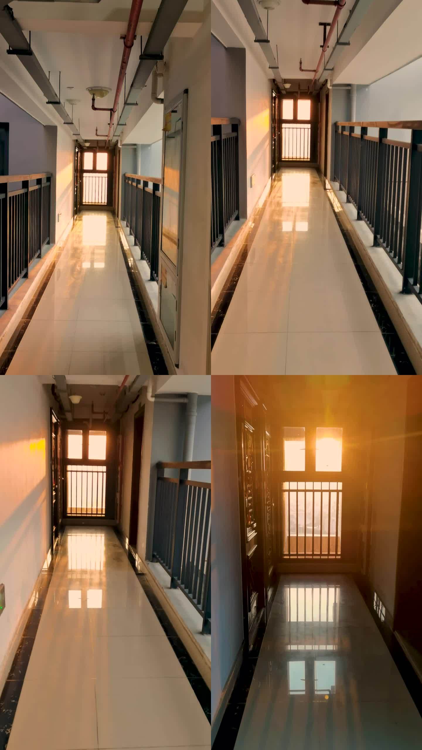 阳光透过窗户照在楼盘的走廊上