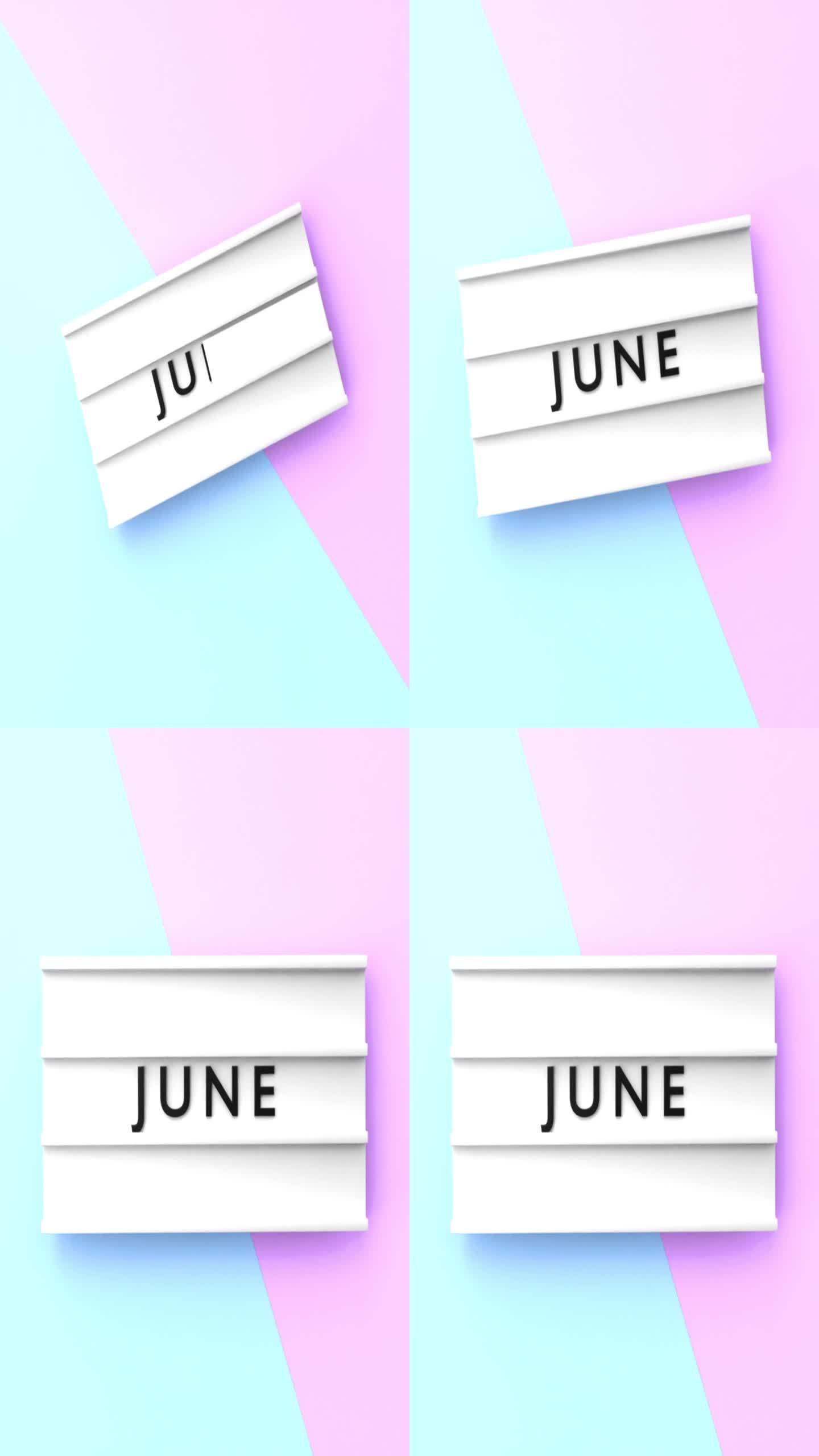 垂直六月文本以4K分辨率显示在蓝色和粉红色背景的灯箱上