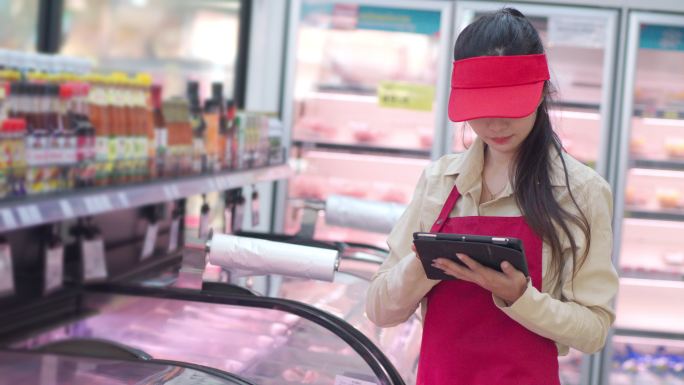 一名亚洲超市女员工使用平板电脑检查冰箱中的新鲜食品