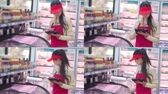 一名亚洲超市女员工使用平板电脑检查冰箱中的新鲜食品