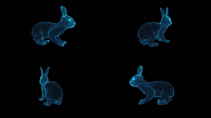 蓝色全息线框科技兔子动物素材带通道