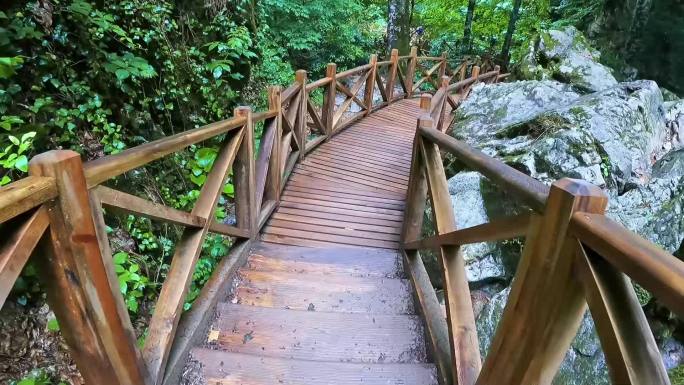 在郁郁葱葱的绿色环境中走过木桥，土耳其布尔萨。慢动作。