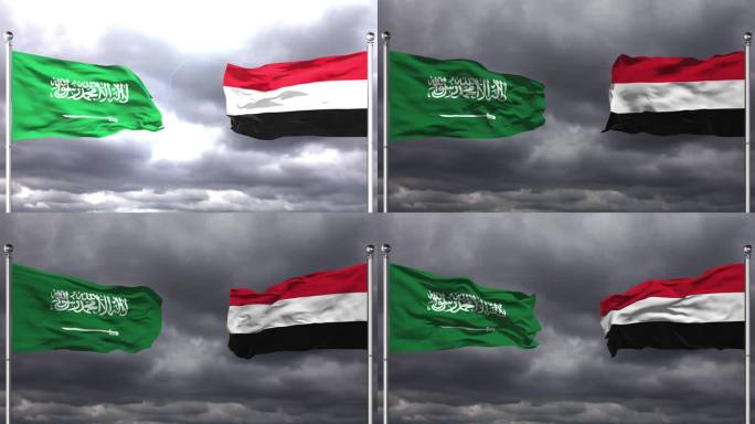 沙特阿拉伯和也门国旗相互挥舞|可循环。