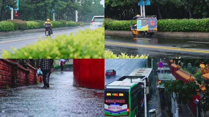 下雨天城市交通街道人流