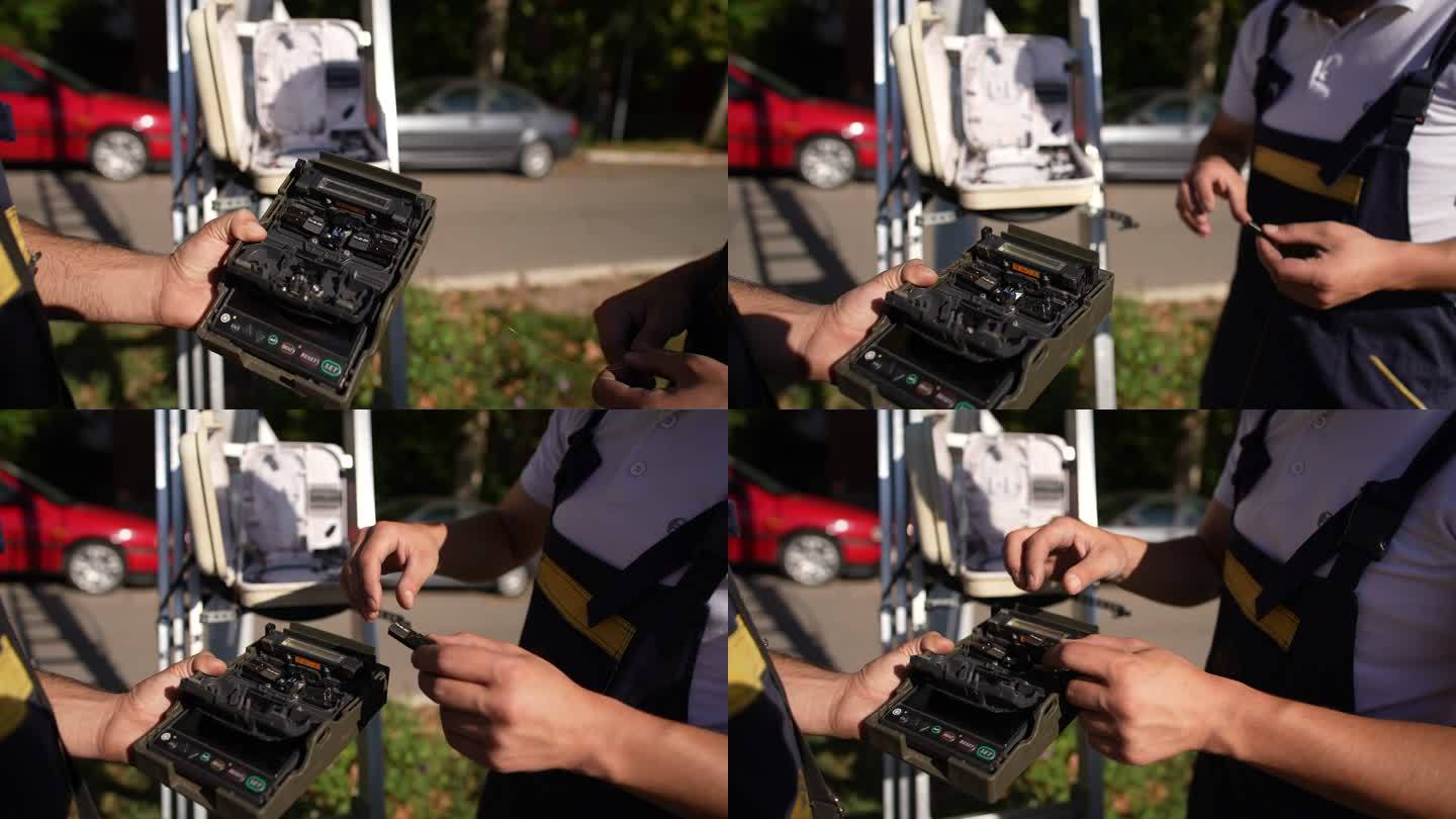 男性维护工程师调整网络箱并用光缆连接的视频蒙太奇