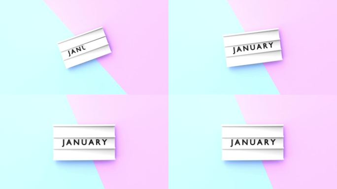 一月文本以4K分辨率显示在蓝色和粉红色背景的灯箱上