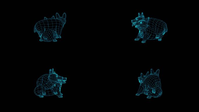 4K蓝色全息线框科技柯基犬动画素材带通道