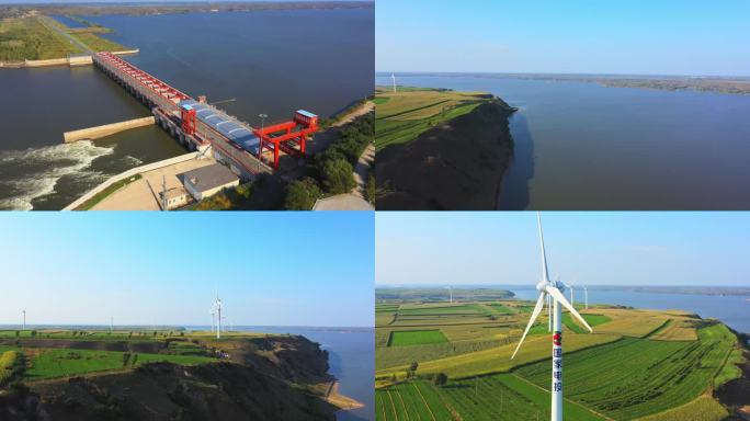 航拍风力发电水库绿色能源