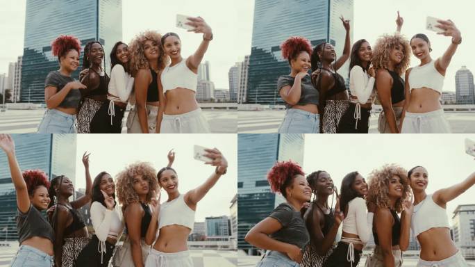 一组年轻女子在城市自拍的4k视频片段