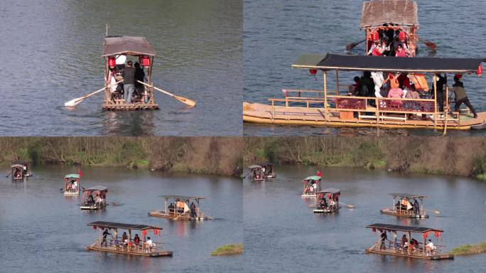婺源月亮湾大量游客坐竹筏旅游观光航拍