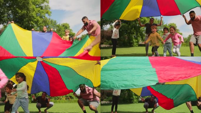 幼儿园使用降落伞游戏
