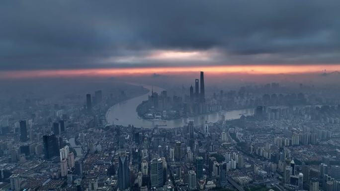 4K上海航拍外滩陆家嘴金融城日出绝美天气
