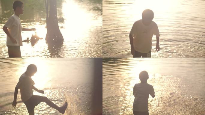 小男孩在水池边玩水泼水视频素材