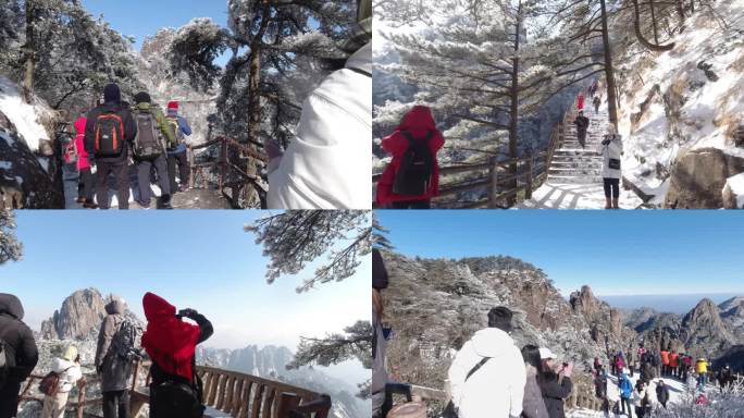 黄山冬季雾凇雪景大量游客登山赏雪 合集