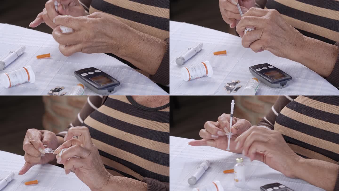 西班牙裔老年妇女准备用胰岛素注射器自我注射