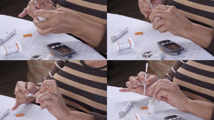 西班牙裔老年妇女准备用胰岛素注射器自我注射
