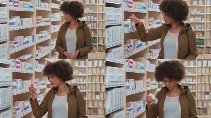 一位年轻女士在药店读药瓶的背面，然后把它放进购物袋