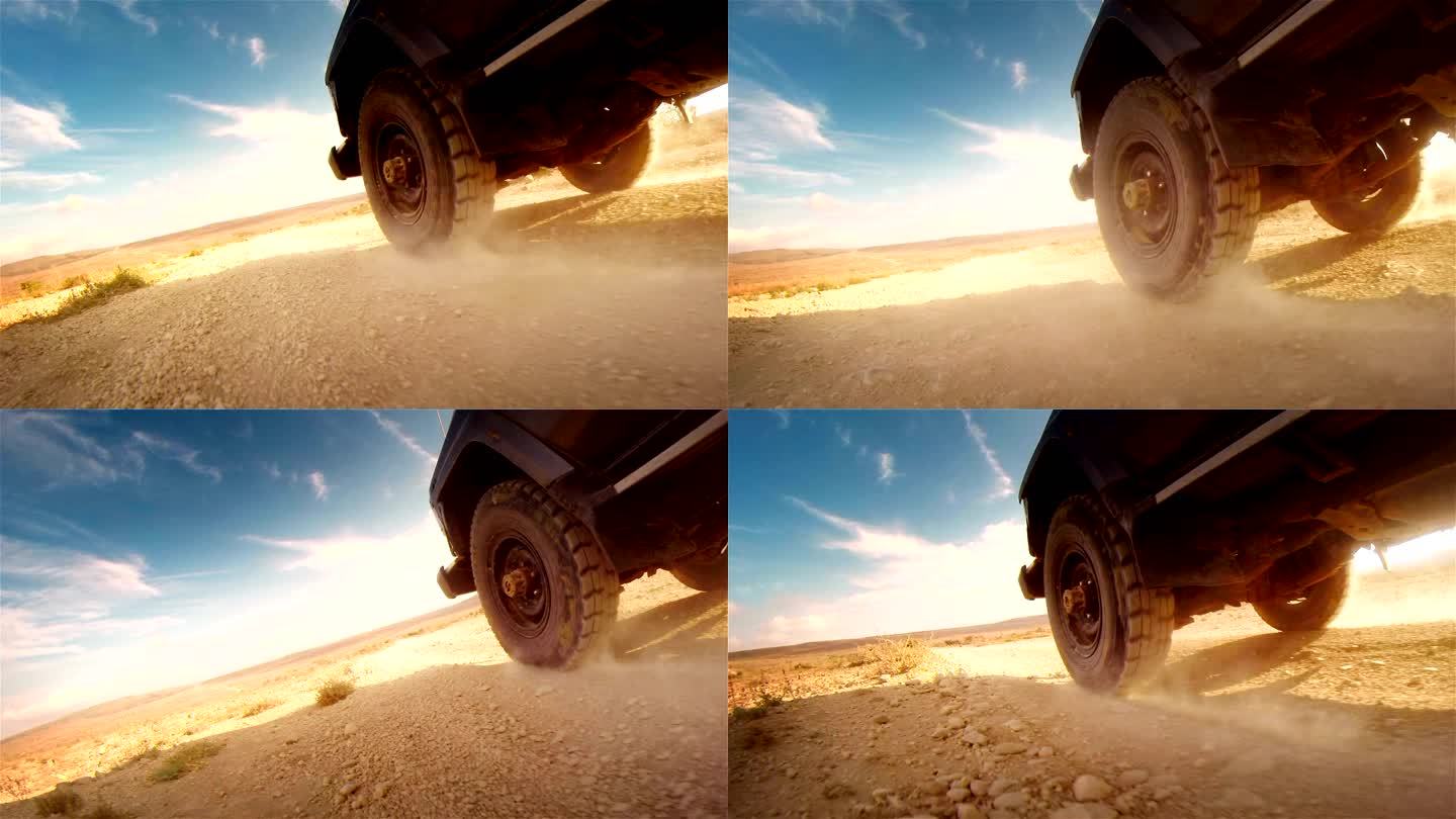 非洲沙漠中的越野。轮胎上的胎面特写。