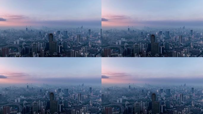 4K上海城市日出平流雾航拍