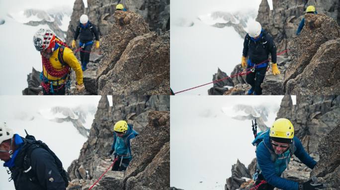 在欧洲阿尔卑斯山上攀登尖峰的专业高级登山者。用绳子。鸟瞰图