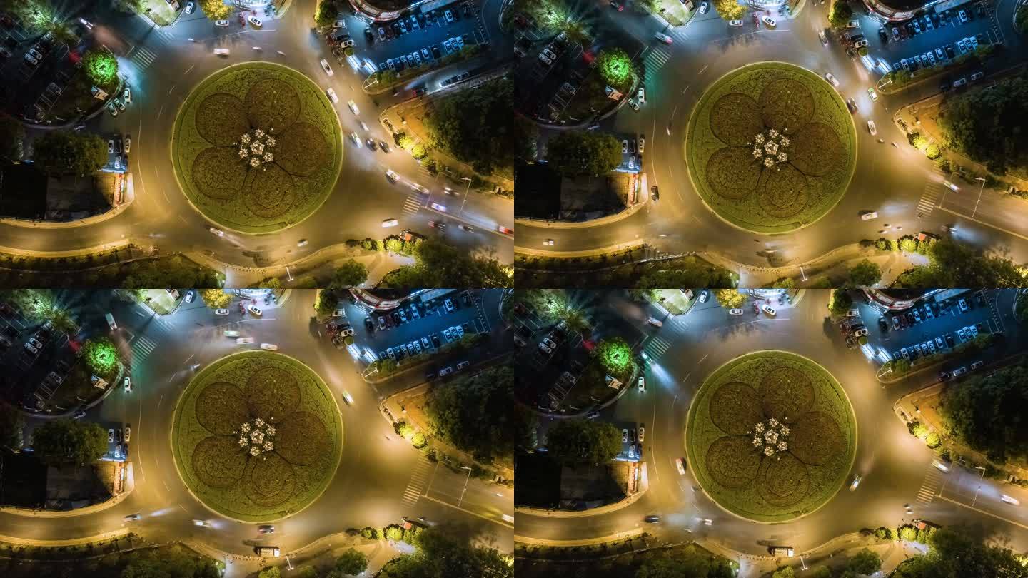 城市环岛夜景顶视图延时视频