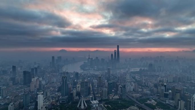 4K上海航拍外滩陆家嘴金融城日出绝美天气