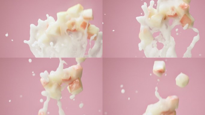 水蜜桃果粒和牛奶碰撞