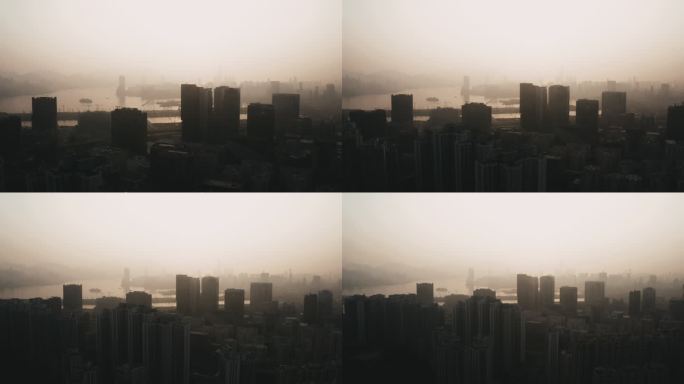 雾天城市建筑的空中无人机视图