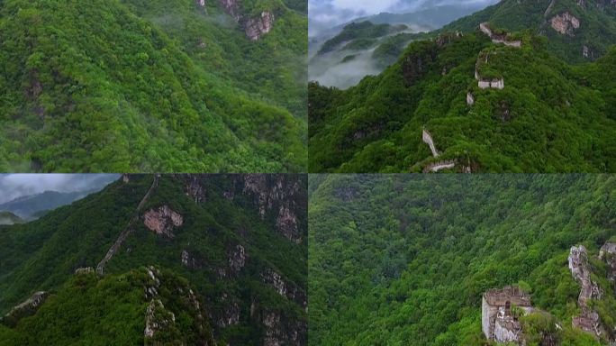 航拍箭扣长城春季雨后风光